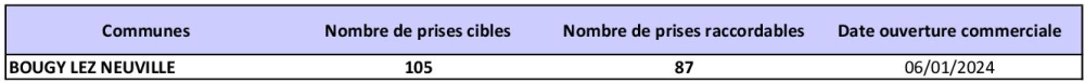 Tableau des prises raccordables BOUGY LEZ NEUVILLE
